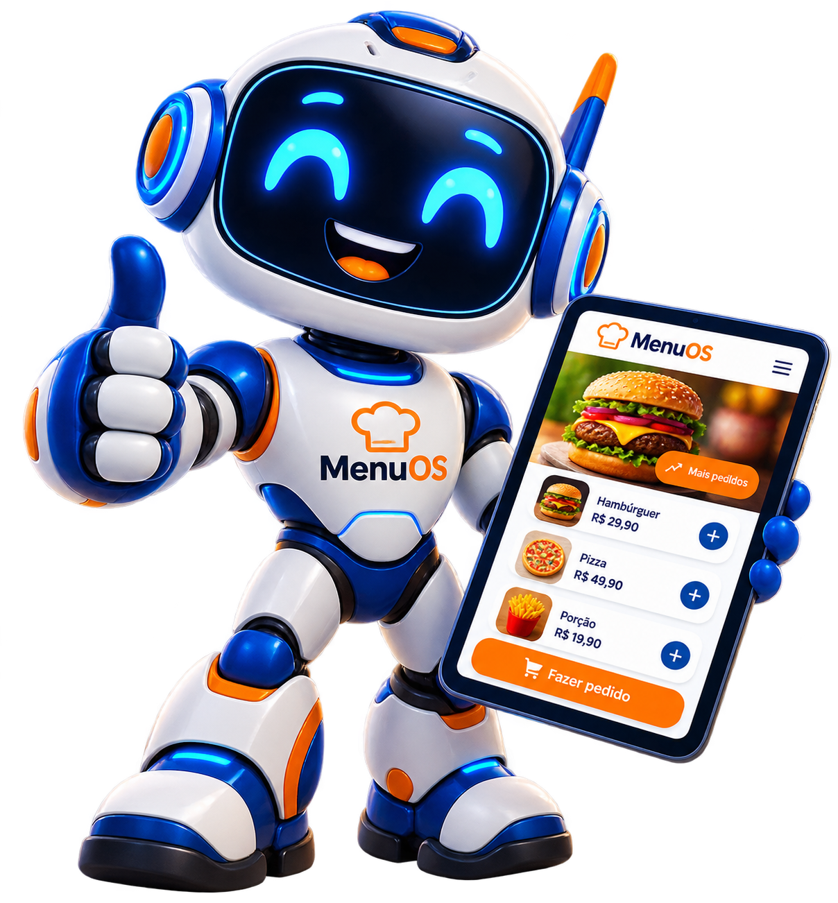 Mascote robô do MenuOS apresentando o sistema para restaurantes